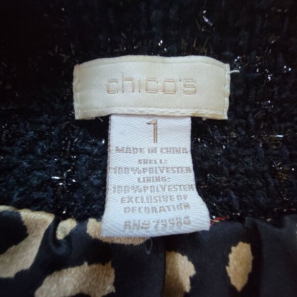 Chicos Black Tweed Open Front Jacket Tinsel Leopard Print Lining Size S 1 - Picture 9 of 16